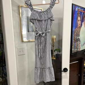 Michael Kors Navy and White Sleeveless Midi Sundress large ruffle